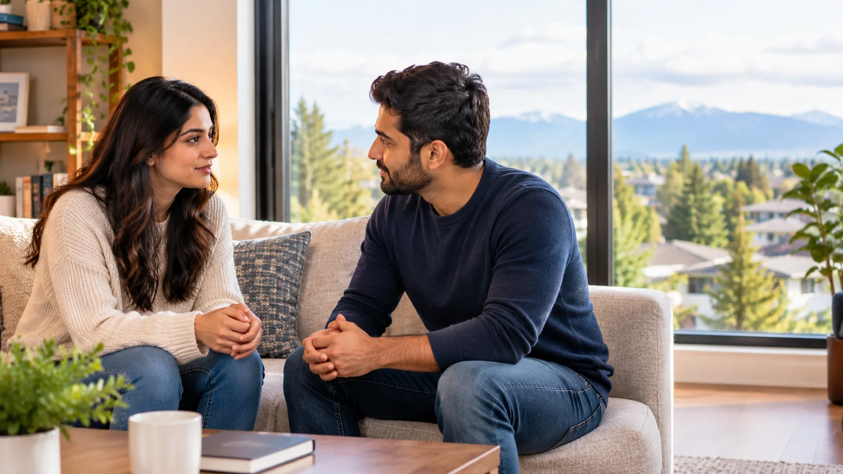 Couple having a calm talk at home about how to get your ex back in Surrey, BC
