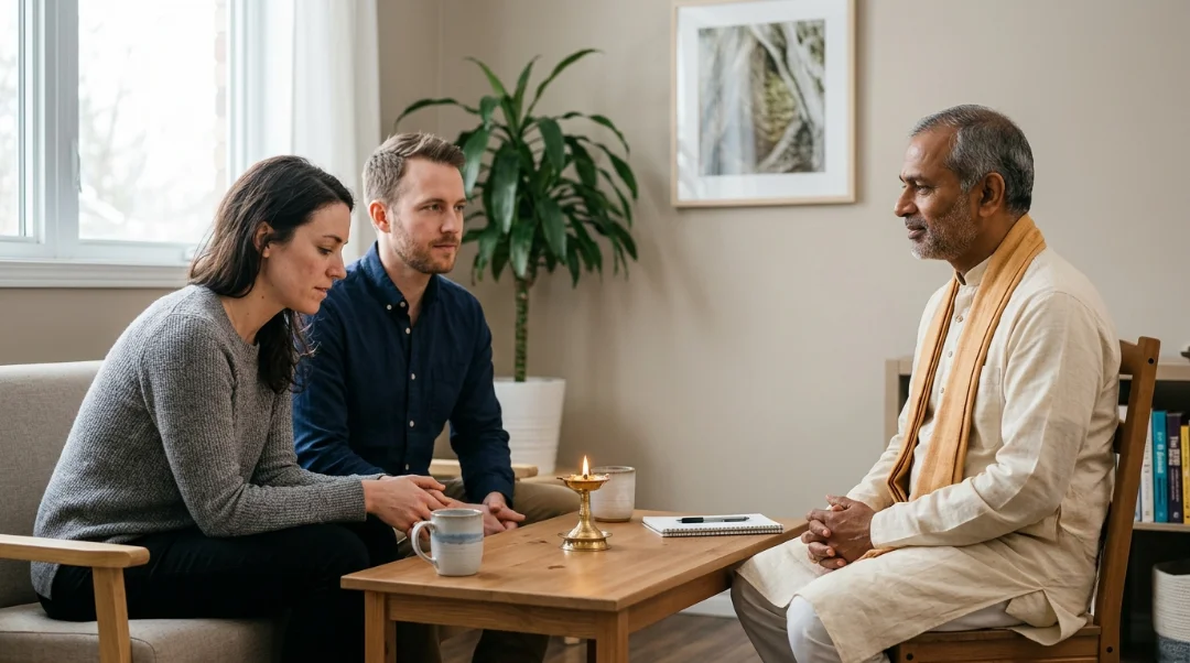 Couple receiving spiritual guidance for relationship problems from a pandit