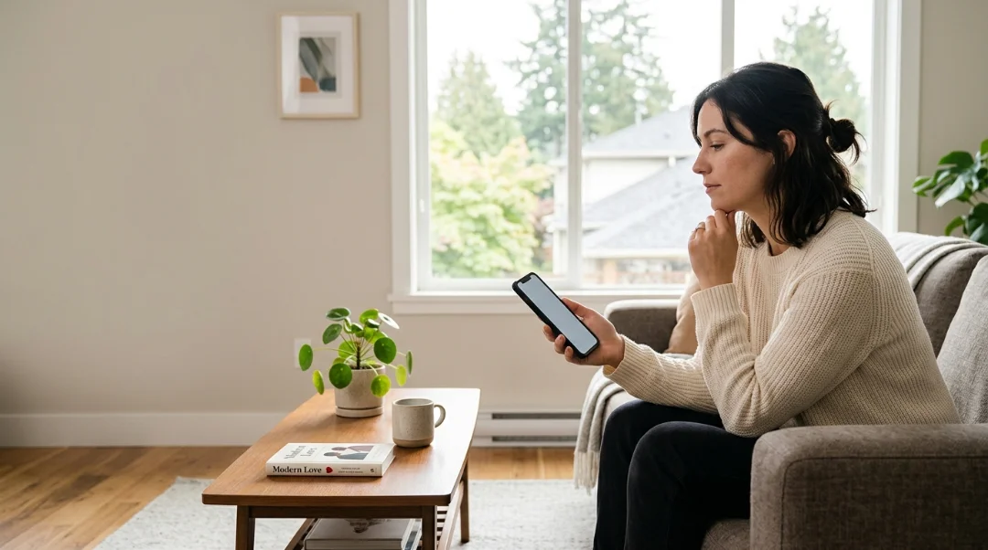 Woman reading her phone while deciding how long to wait before contacting her ex